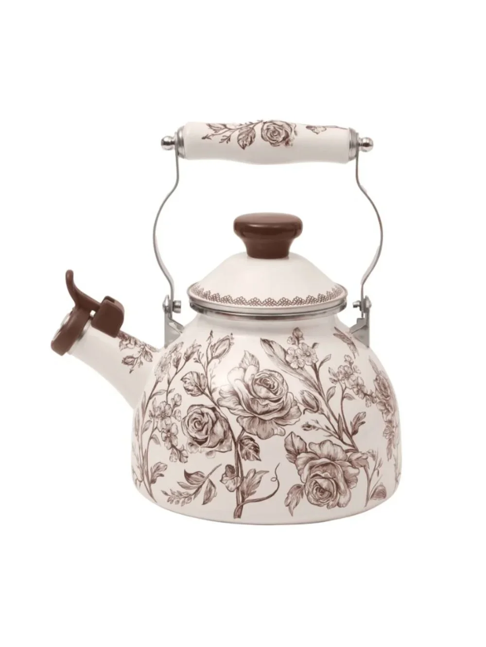 The Pioneer Woman Brown Enamel on Steel Agatha 2.0-Quart Whistling Tea Kettle